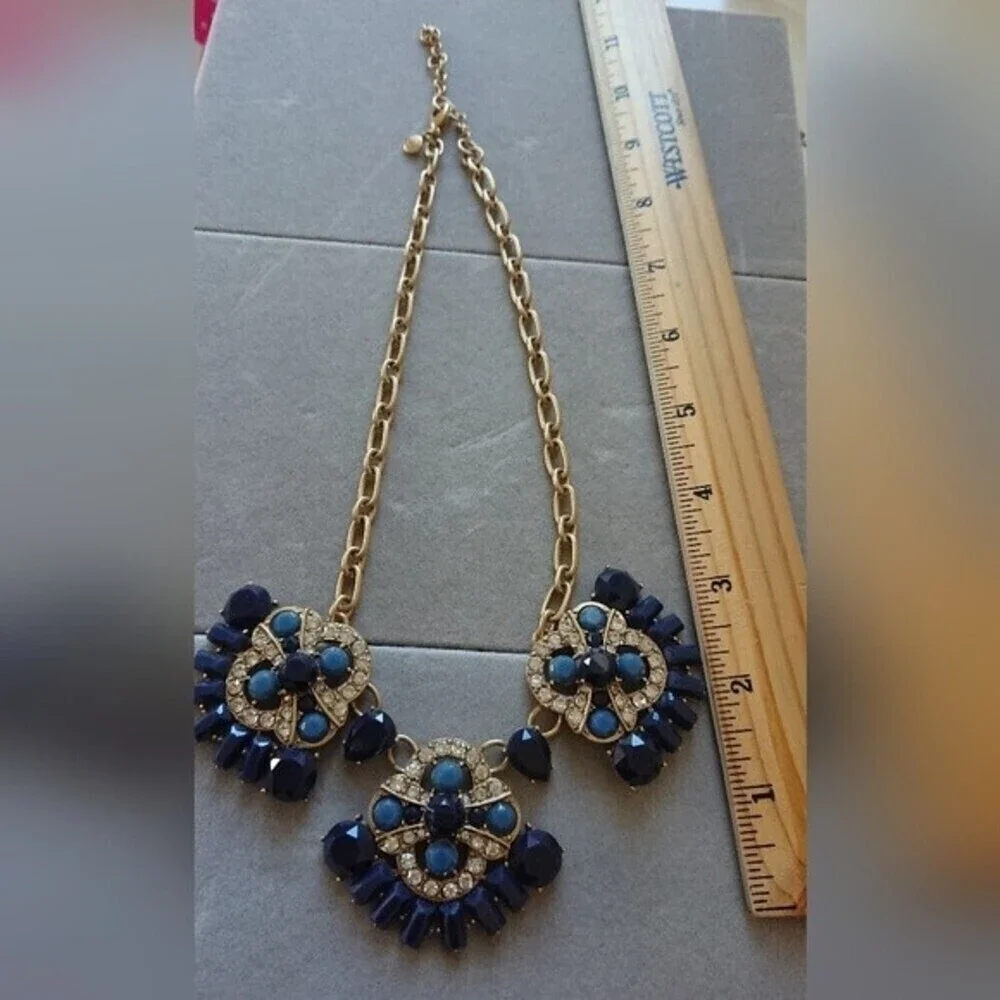 J. Crew Chunky Statement Gold Tone Blue & Clear Rhinestones Necklace